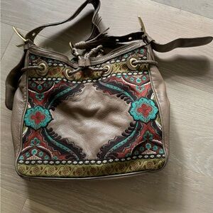 Isabella Fiore Taupe Leather Hobo with Teal & Red Embroidery
